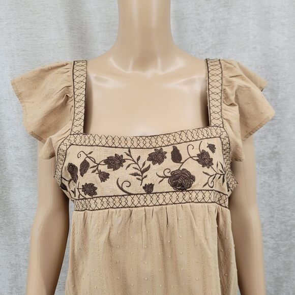 Mine Cotton Embroidered Tan Peasant Flutter Sleeve Boho Women's Top - Picture 3 of 10